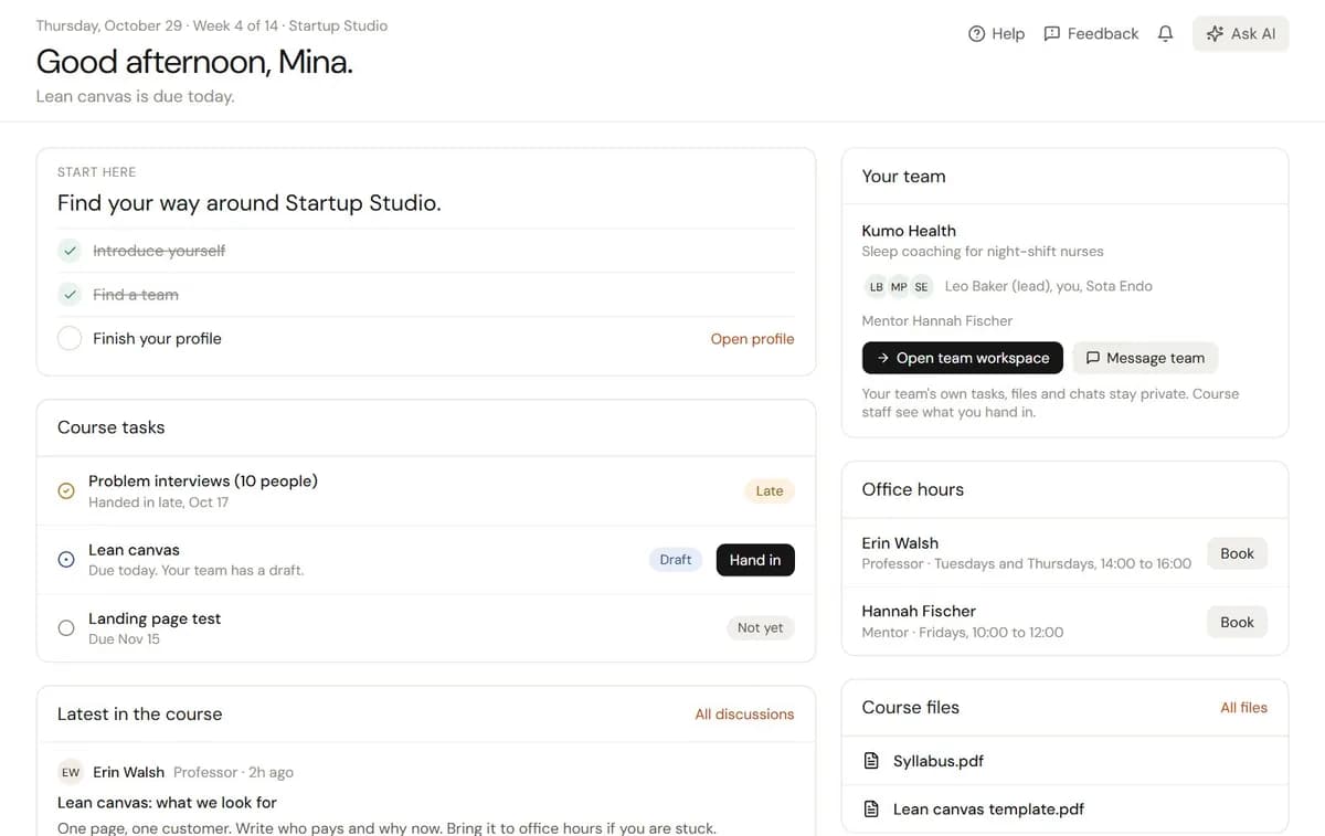 A student's Home: what is due, Hand in, their team and office hours to book.